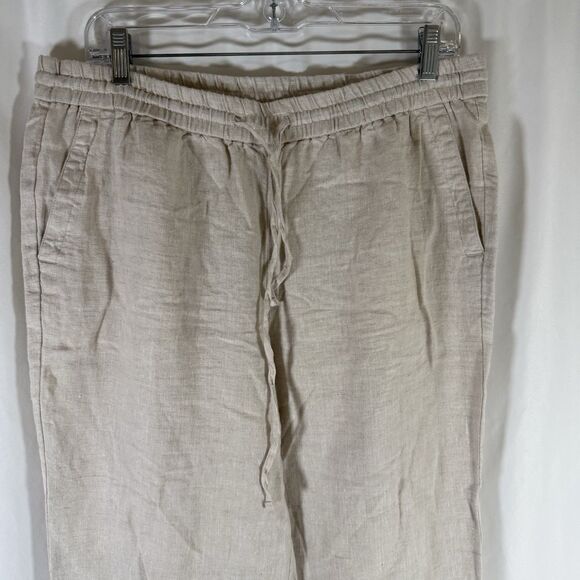 Talbots 100% Linen Pants Women's 12P Petite Beige Pull On Drawstring Wide Leg - Picture 2 of 9